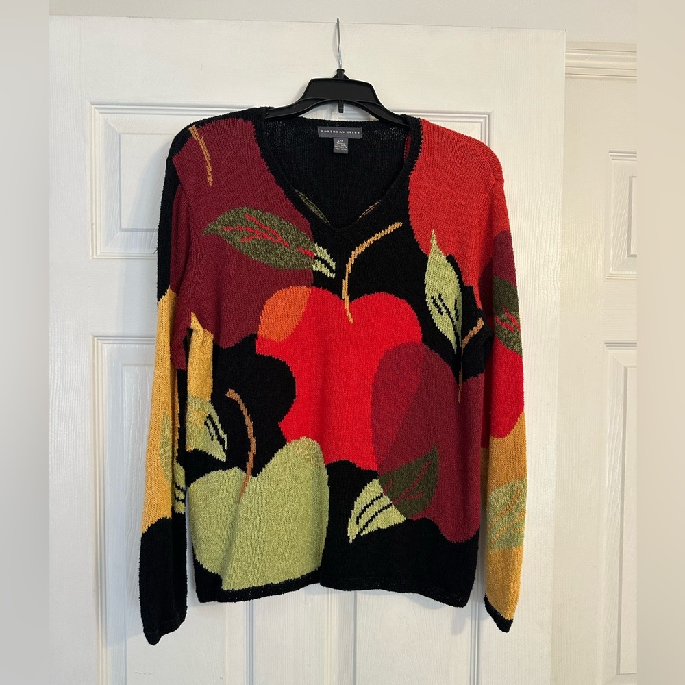 Northern Isles Colorful Apple  Pattern V-Neck Sweater